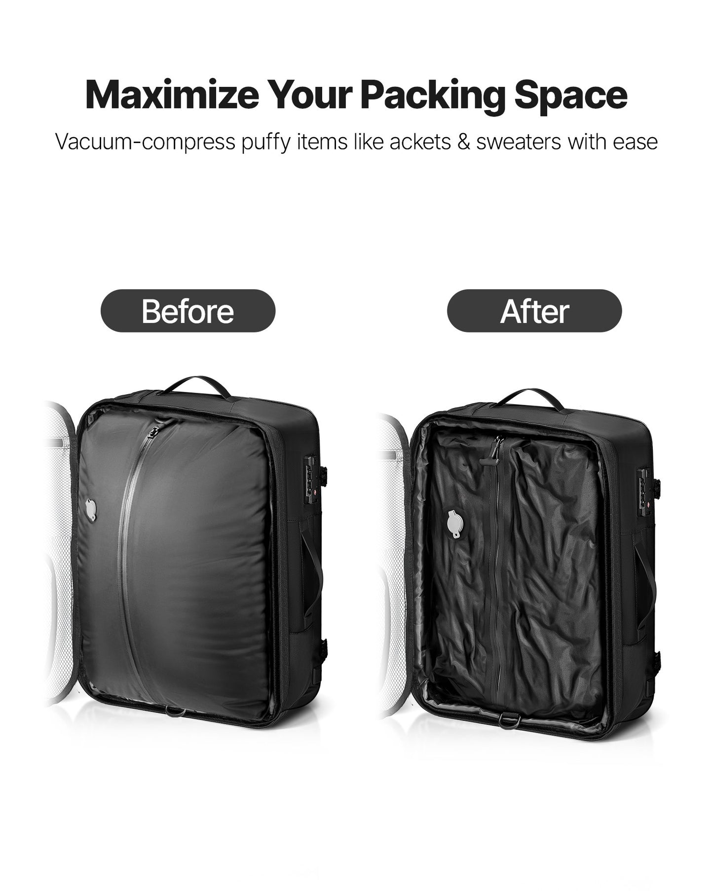 Black 65L compression travel backpack with TSA lock, expandable design, water-resistant material, and built-in pump for vacuum sealing.