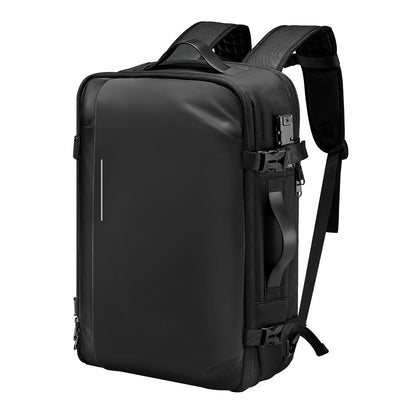 Black 65L vacuum travel backpack with TSA lock, expandable compression design, water-resistant carry-on luggage with pump for business travel.