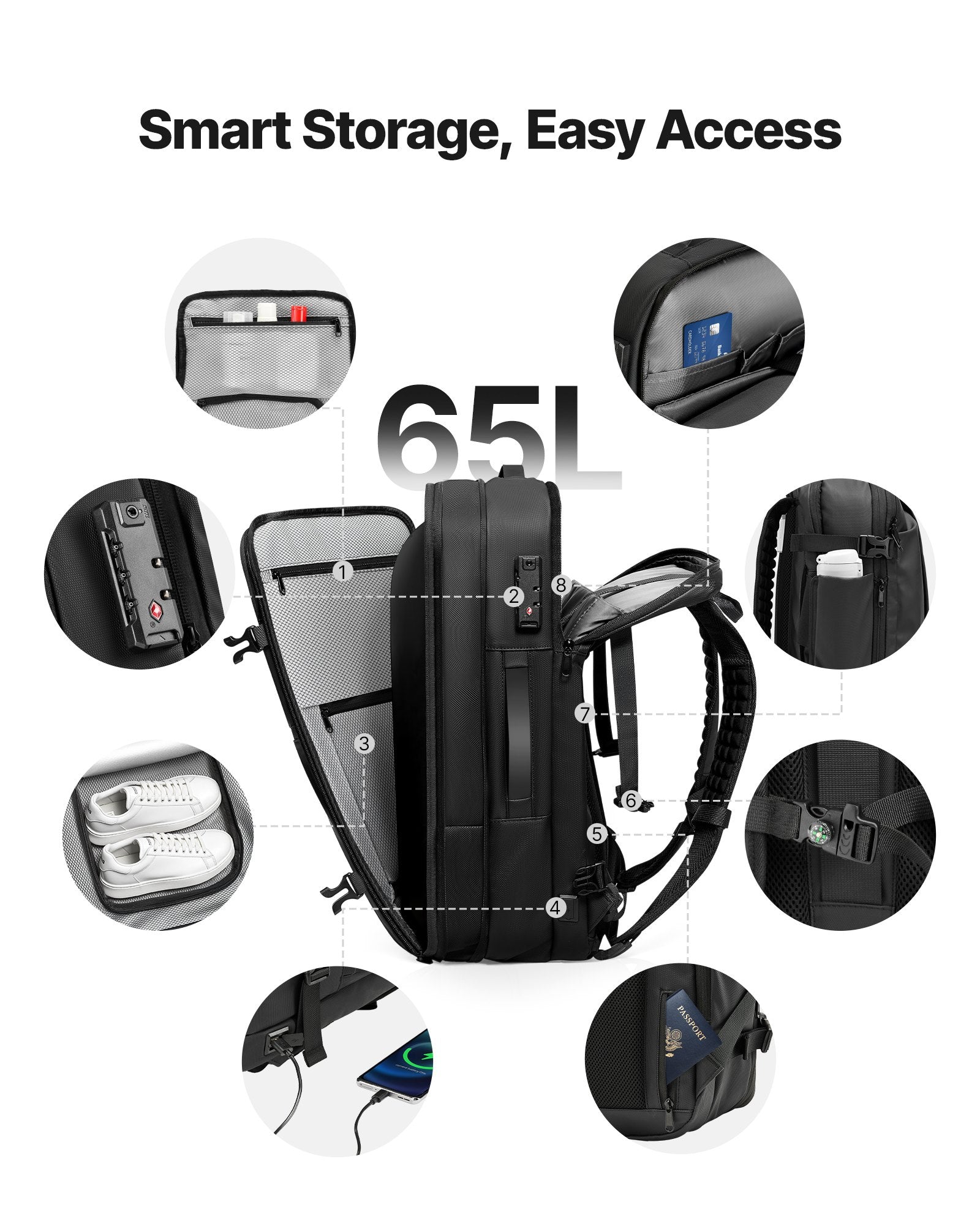 Black 65L vacuum travel backpack with TSA lock, expandable compression design, water-resistant carry-on luggage with pump for travel.