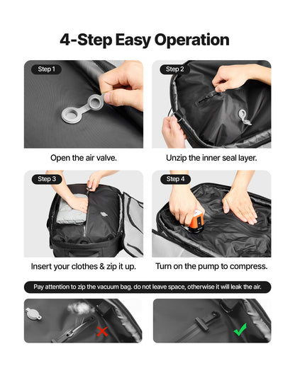 Black 65L vacuum travel backpack with expandable compression design, TSA lock, pump, water-resistant carry-on luggage for business travel