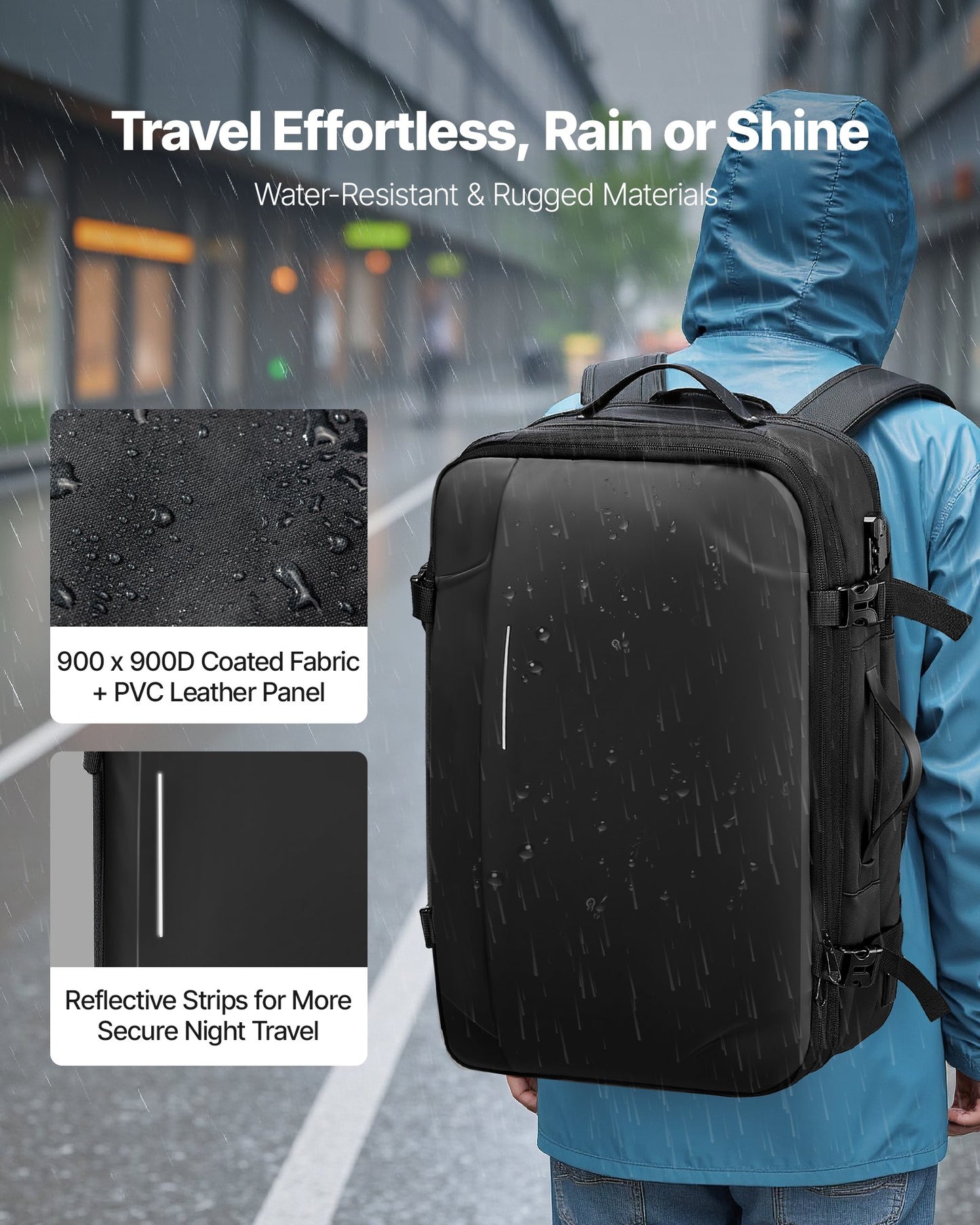 Black 65L vacuum travel backpack with TSA lock, expandable compression design, water-resistant carry-on luggage with pump for business travel.